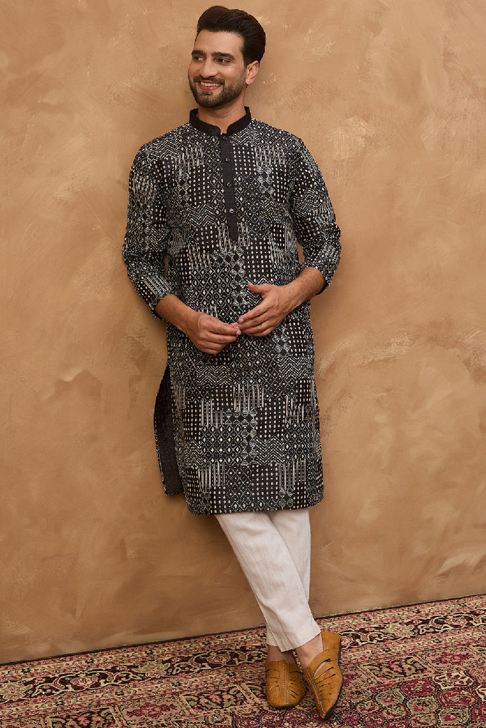 Black Silk Blend Geometric Printed Straight Kurta MKU1528