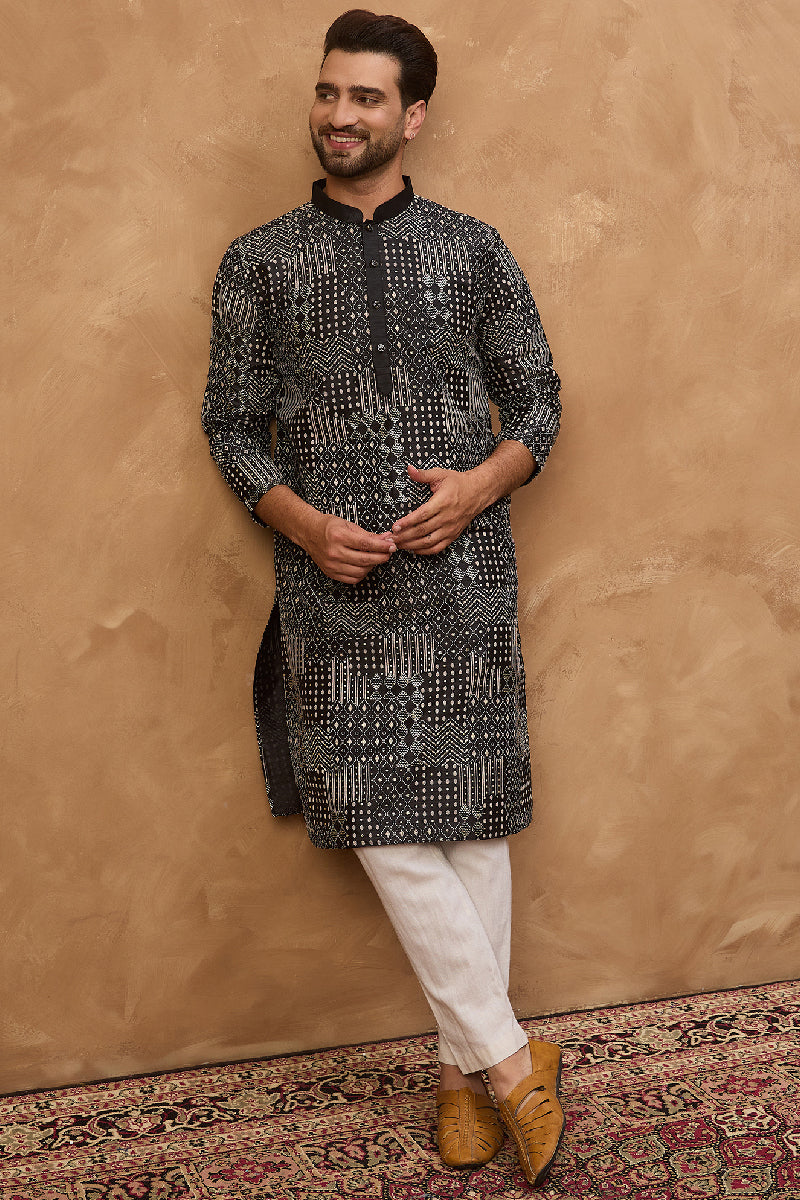 Black Silk Blend Geometric Printed Straight Kurta With Pant Set MKSET1528
