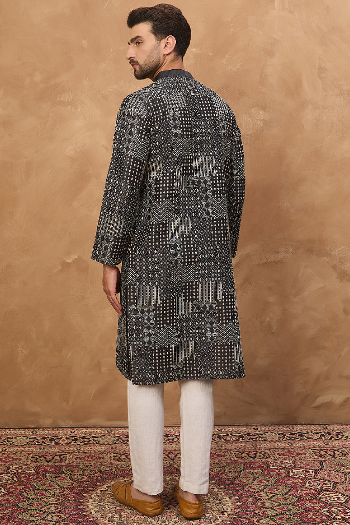 Black Silk Blend Geometric Printed Straight Kurta MKU1528