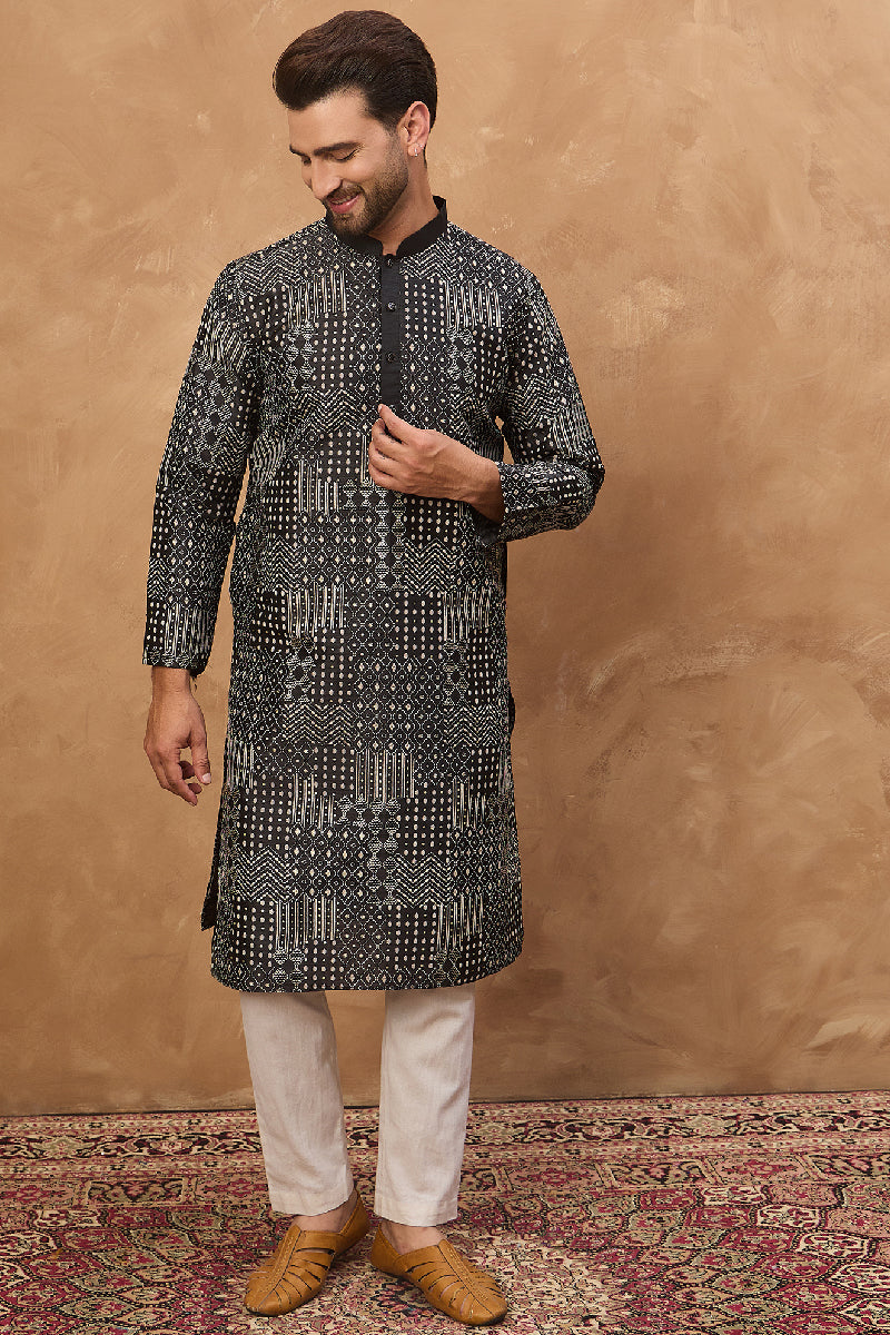 Black Silk Blend Geometric Printed Straight Kurta With Pant Set MKSET1528
