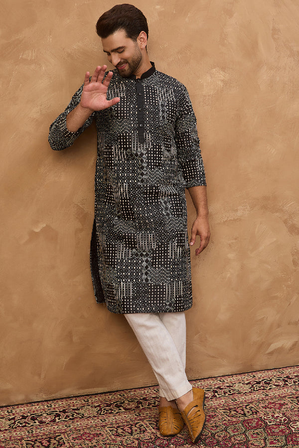 Black Silk Blend Geometric Printed Straight Kurta MKU1528
