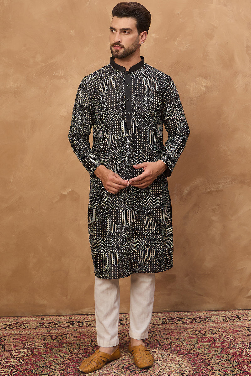 Black Silk Blend Geometric Printed Straight Kurta With Pant Set MKSET1528