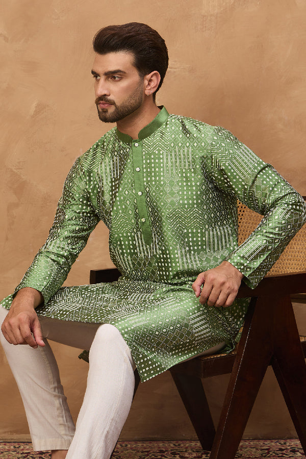 Green Silk Blend Geometric Printed Straight Kurta With Pant Set MKSET1530