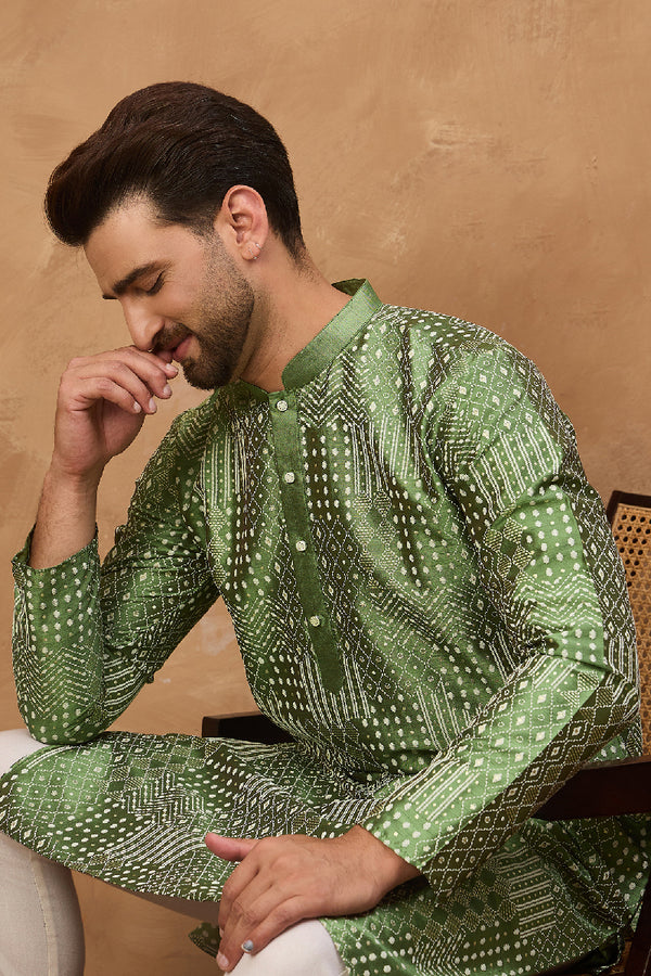 Green Silk Blend Geometric Printed Straight Kurta MKU1530