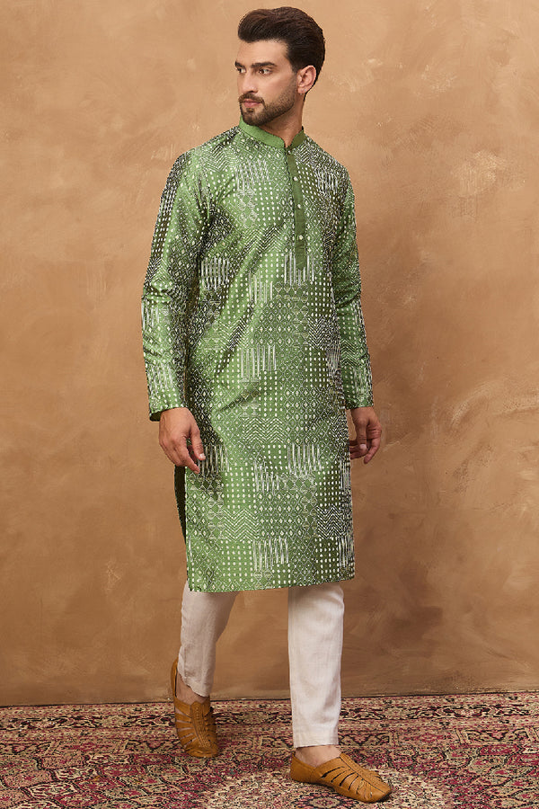 Green Silk Blend Geometric Printed Straight Kurta MKU1530