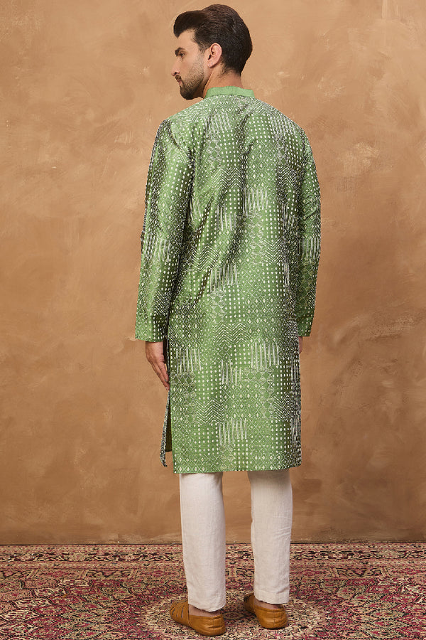 Green Silk Blend Geometric Printed Straight Kurta With Pant Set MKSET1530