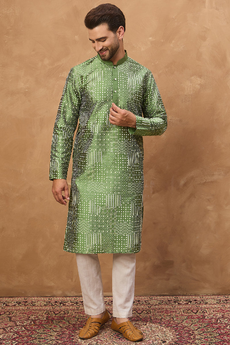 Green Silk Blend Geometric Printed Straight Kurta With Pant Set MKSET1530