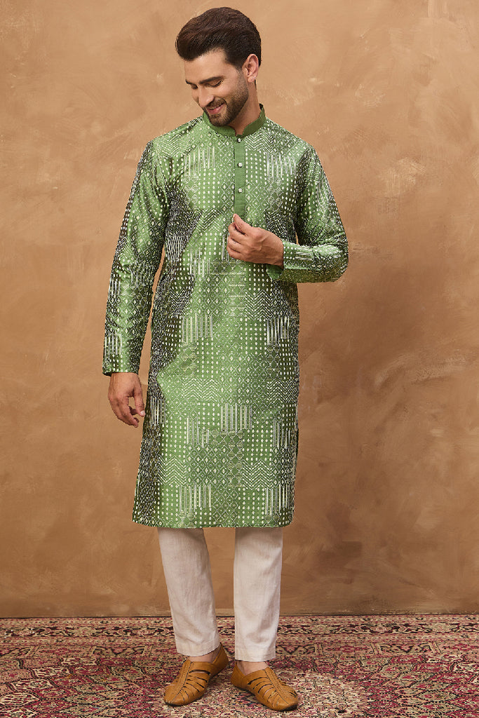 Green Silk Blend Geometric Printed Straight Kurta With Pant Set MKSET1530