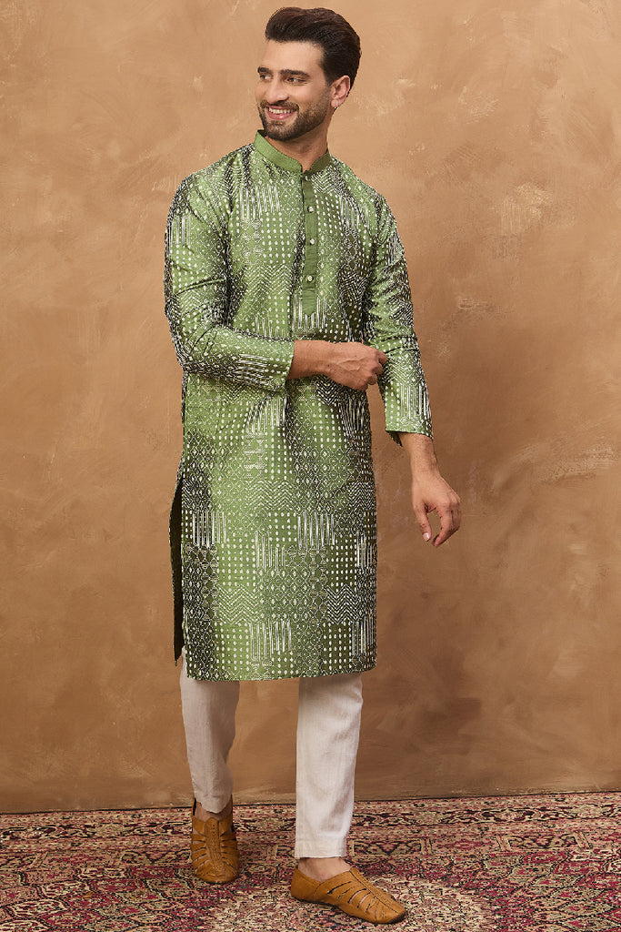 Green Silk Blend Geometric Printed Straight Kurta MKU1530