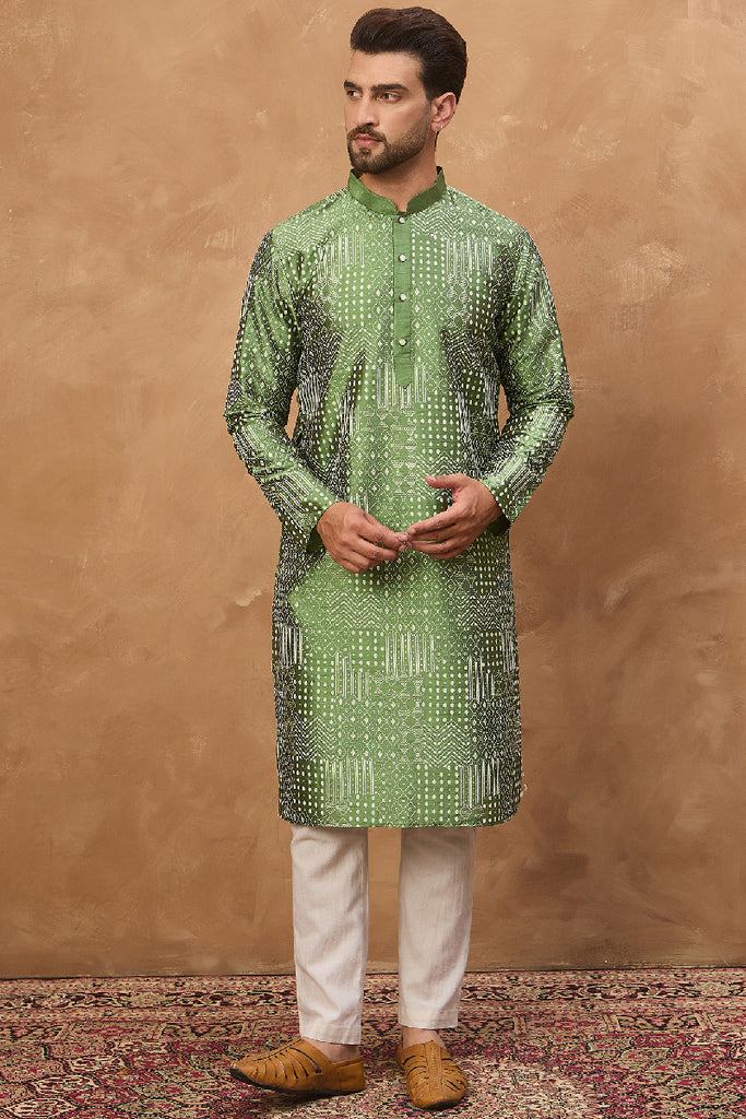Green Silk Blend Geometric Printed Straight Kurta MKU1530