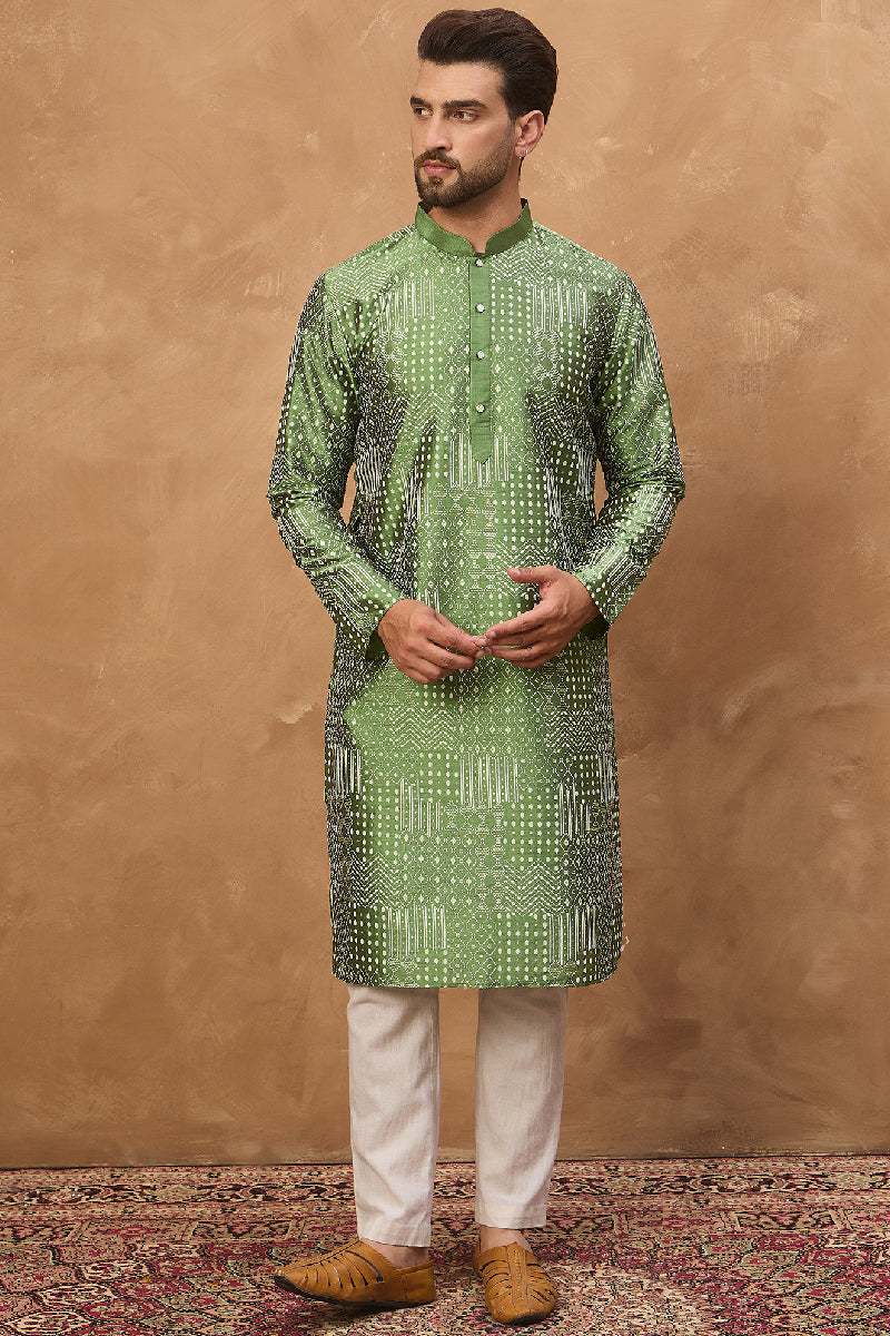Green Silk Blend Geometric Printed Straight Kurta With Pant Set MKSET1530