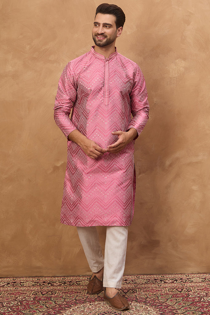 Pink Silk Blend Geometric Printed Straight Kurta With Pant Set MKSET1532