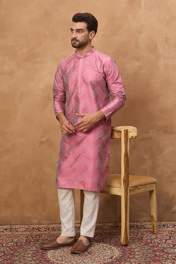 Pink Silk Blend Geometric Printed Straight Kurta With Pant Set MKSET1532