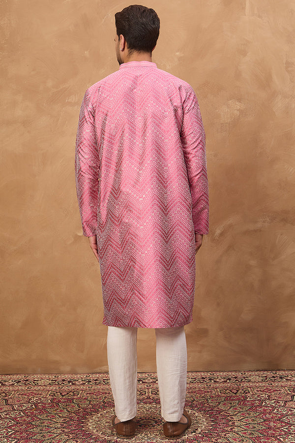 Pink Silk Blend Geometric Printed Straight Kurta With Pant Set MKSET1532