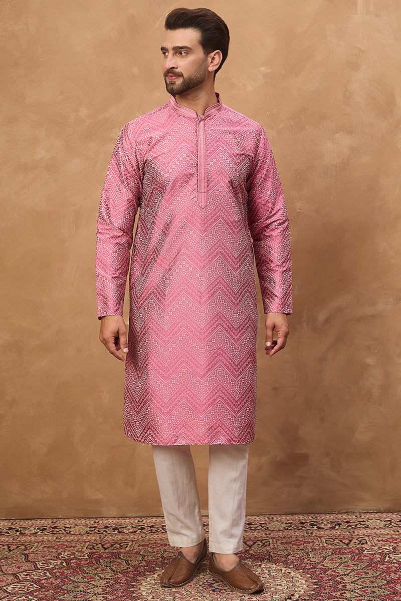 Pink Silk Blend Geometric Printed Straight Kurta With Pant Set MKSET1532
