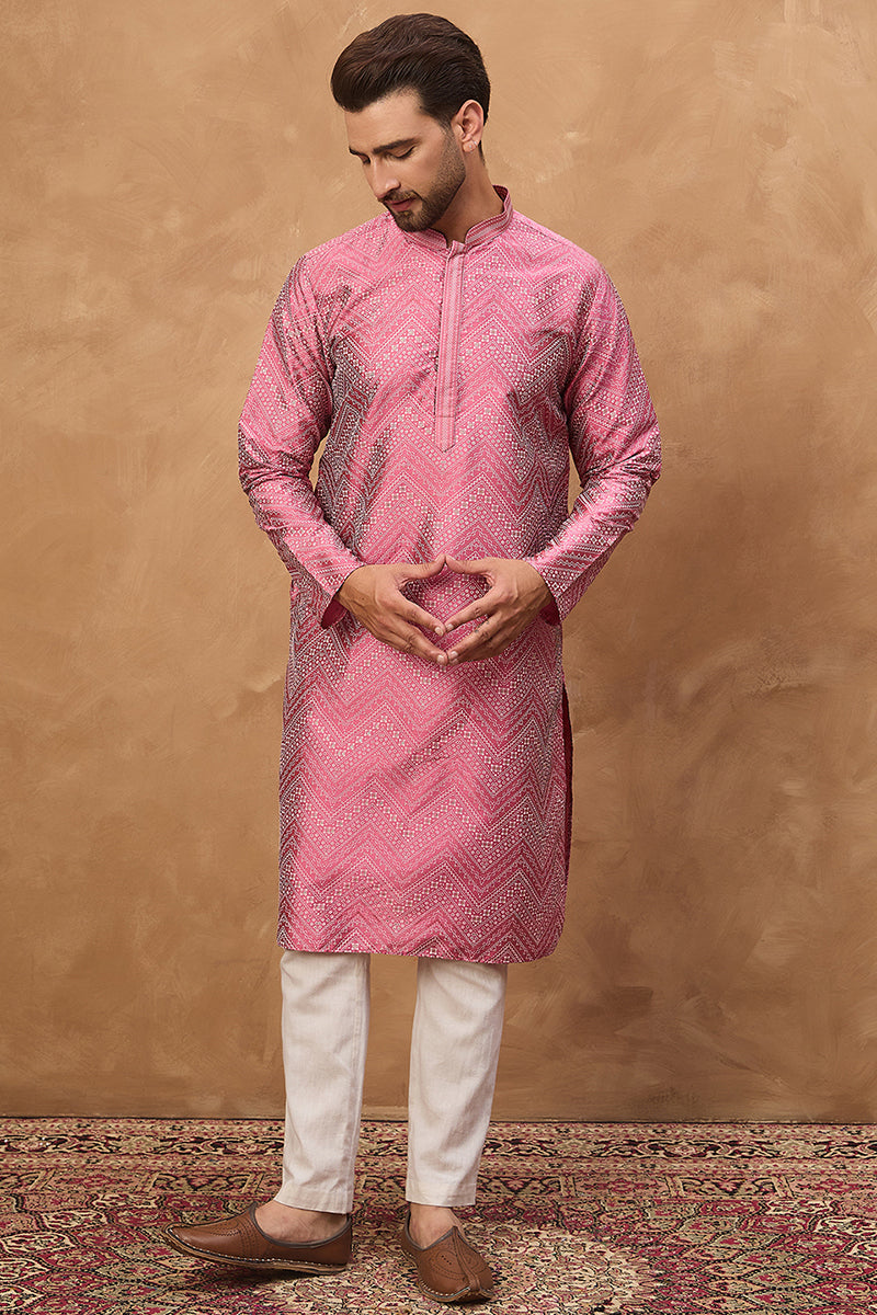 Pink Silk Blend Geometric Printed Straight Kurta With Pant Set MKSET1532