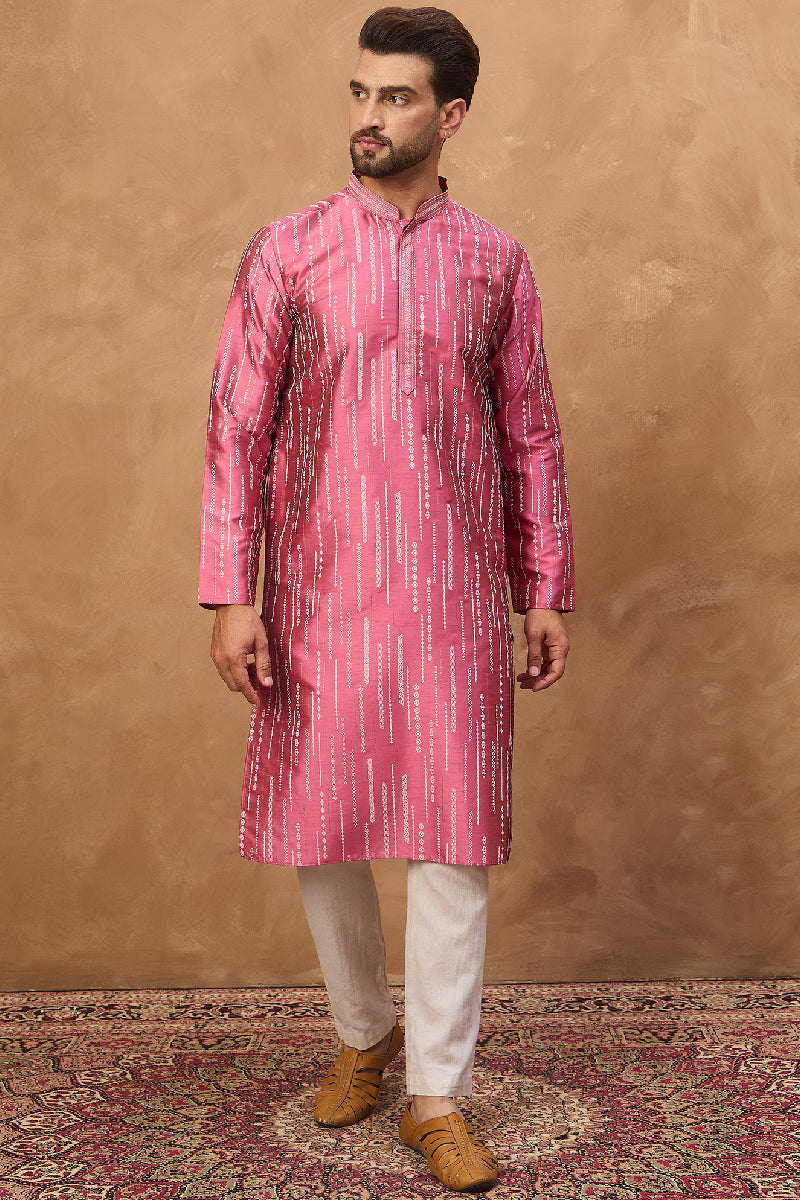 Pink Silk Blend Geometric Printed Straight Kurta With Pant Set MKSET1533