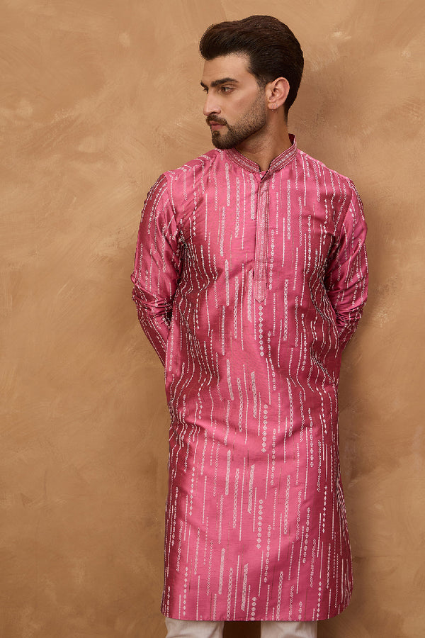 Pink Silk Blend Geometric Printed Straight Kurta With Pant Set MKSET1533