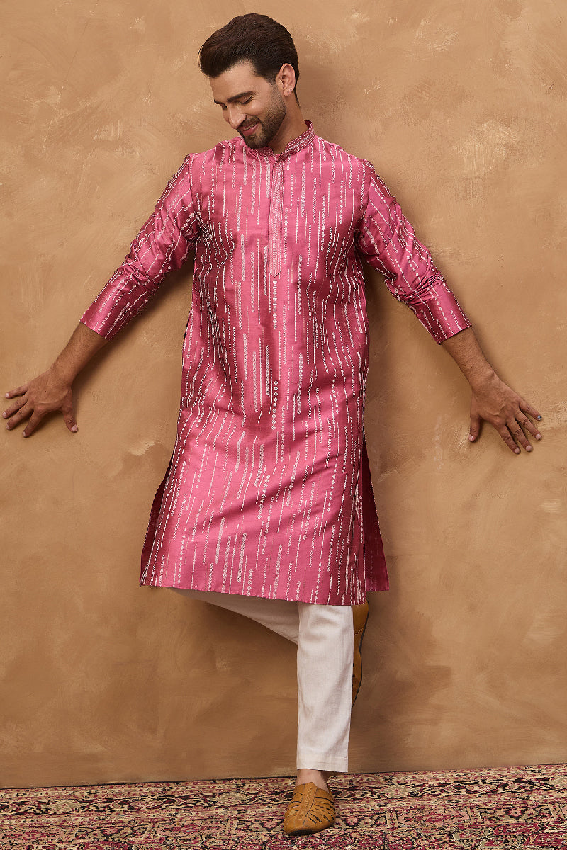 Pink Silk Blend Geometric Printed Straight Kurta With Pant Set MKSET1533