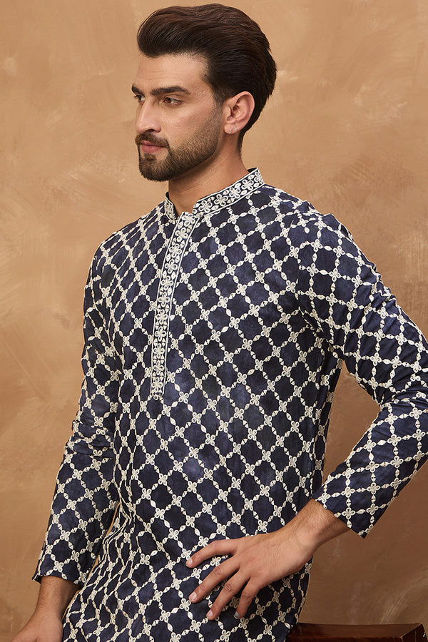 Blue Viscose Rayon Shibori Embroidered Straight Kurta MKU1534