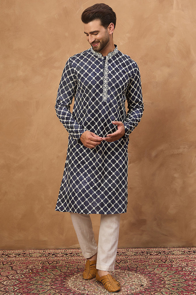 Blue Viscose Rayon Shibori Embroidered Straight Kurta With Pant Set MKSET1534