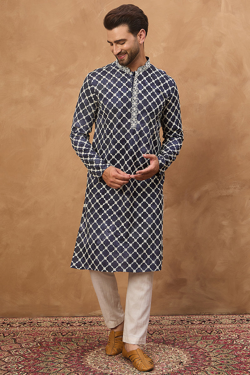 Blue Viscose Rayon Shibori Embroidered Straight Kurta MKU1534