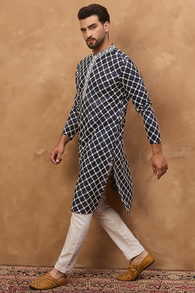 Blue Viscose Rayon Shibori Embroidered Straight Kurta With Pant Set MKSET1534