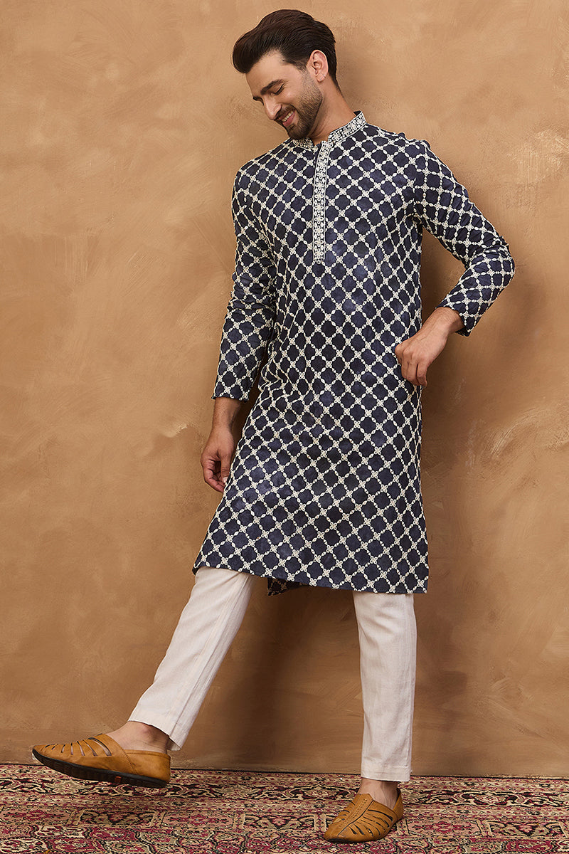 Blue Viscose Rayon Shibori Embroidered Straight Kurta MKU1534