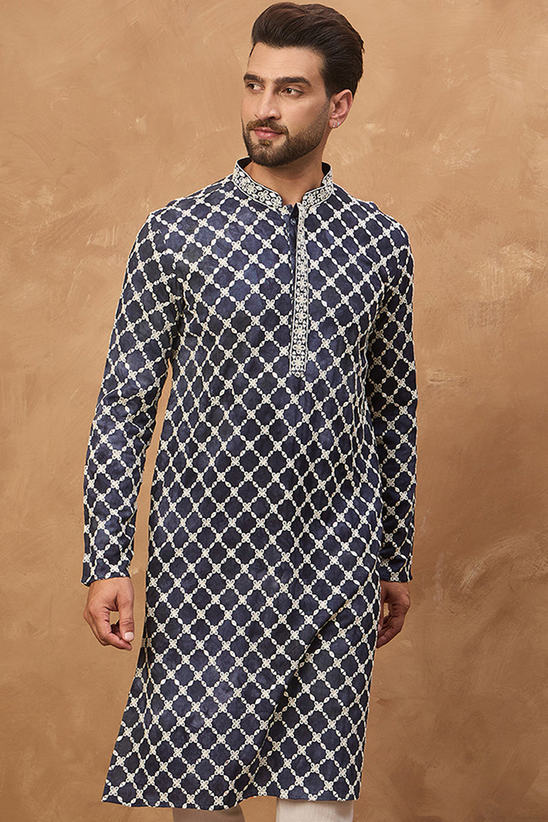 Blue Viscose Rayon Shibori Embroidered Straight Kurta With Pant Set MKSET1534