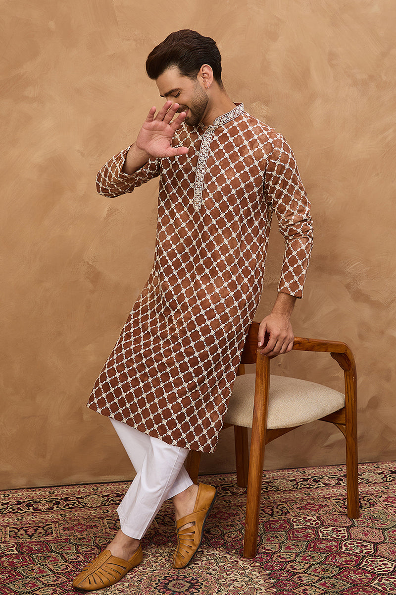 Brown Viscose Rayon Solid Embroidered Straight Kurta With Pant Set MKSET1535