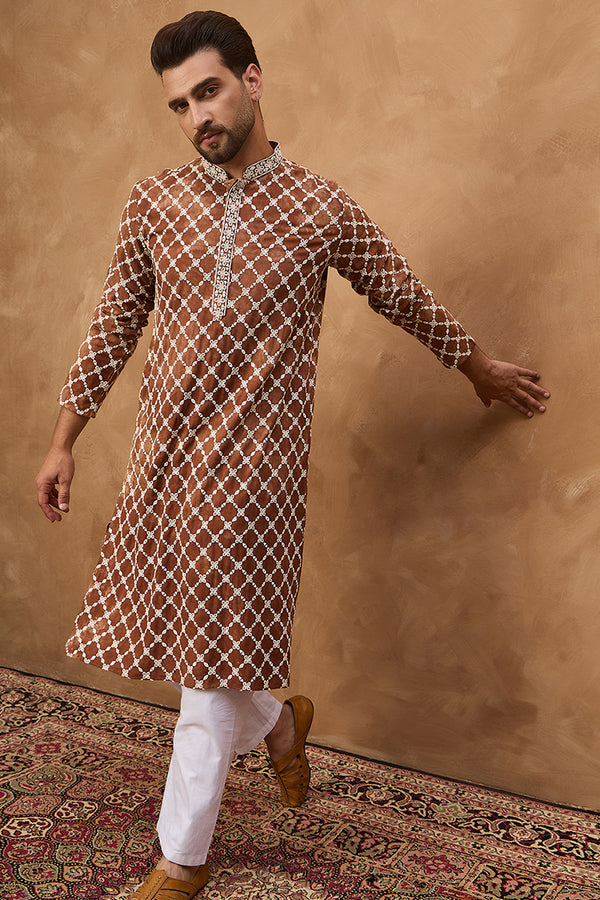 Brown Viscose Rayon Solid Embroidered Straight Kurta MKU1535