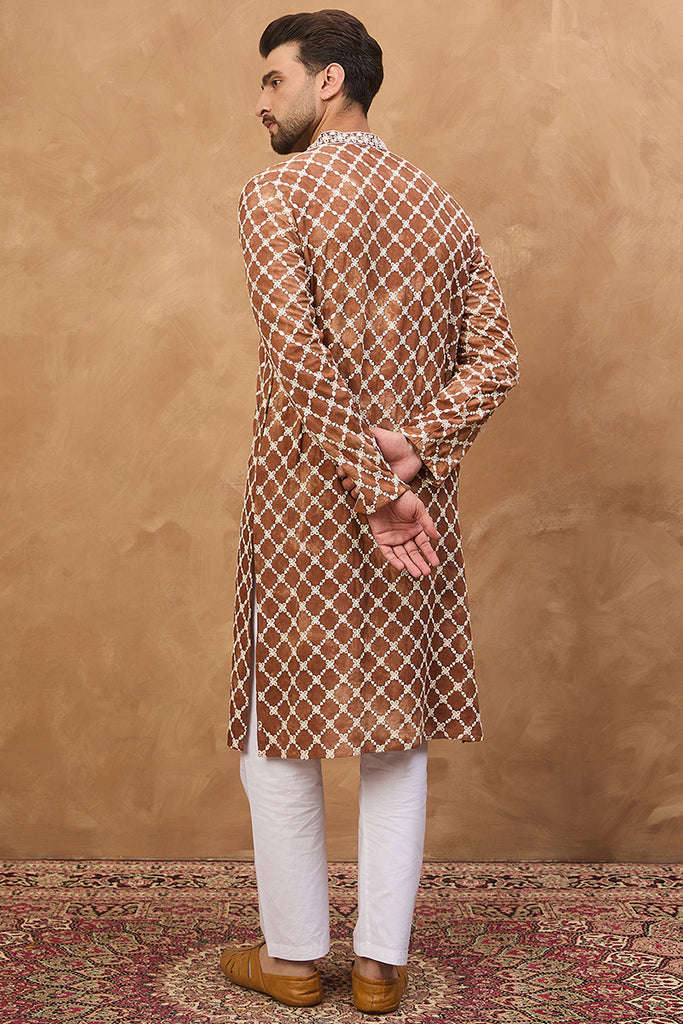 Brown Viscose Rayon Solid Embroidered Straight Kurta With Pant Set MKSET1535