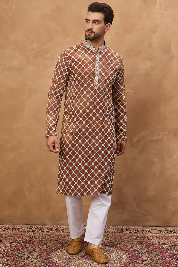 Brown Viscose Rayon Solid Embroidered Straight Kurta MKU1535