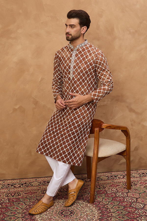 Brown Viscose Rayon Solid Embroidered Straight Kurta With Pant Set MKSET1535
