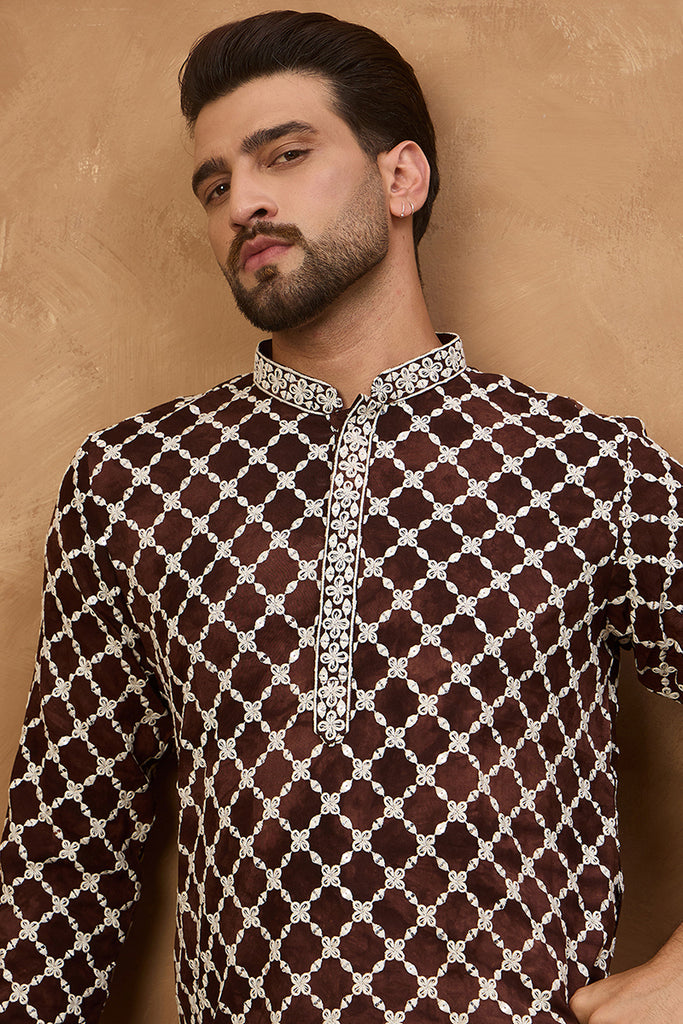 Brown Viscose Rayon Solid Embroidered Straight Kurta HMKU1536