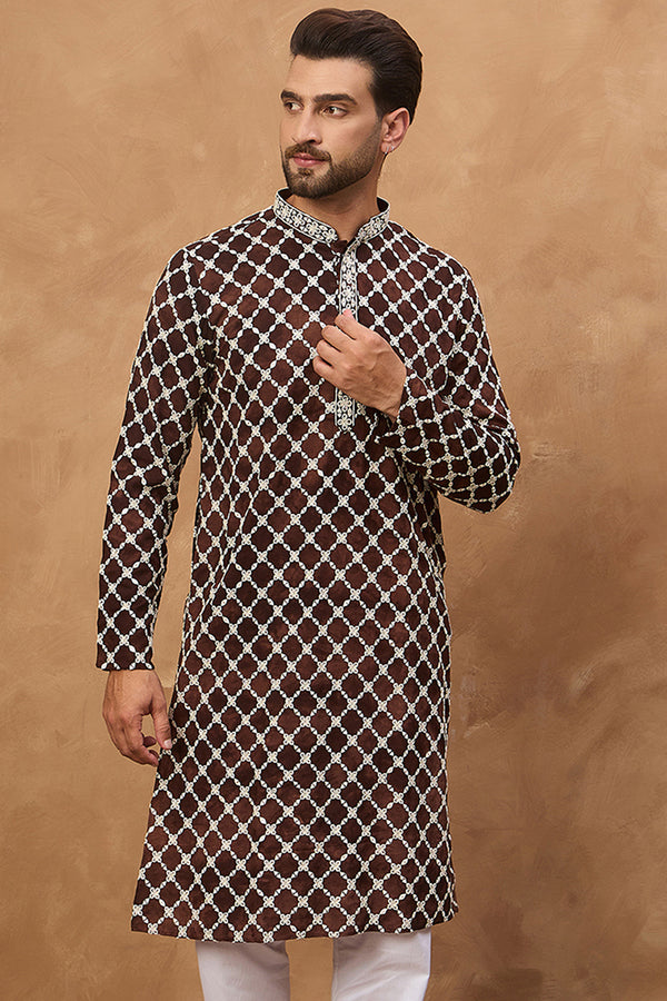 Brown Viscose Rayon Solid Embroidered Straight Kurta With Pant Set MKSET1536