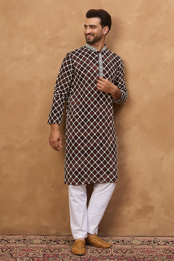 Brown Viscose Rayon Solid Embroidered Straight Kurta MKU1536