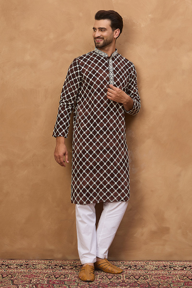 Brown Viscose Rayon Solid Embroidered Straight Kurta HMKU1536