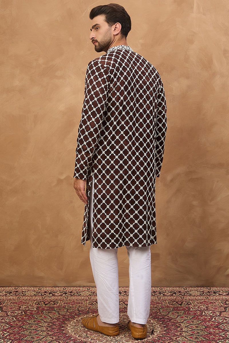 Brown Viscose Rayon Solid Embroidered Straight Kurta With Pant Set MKSET1536