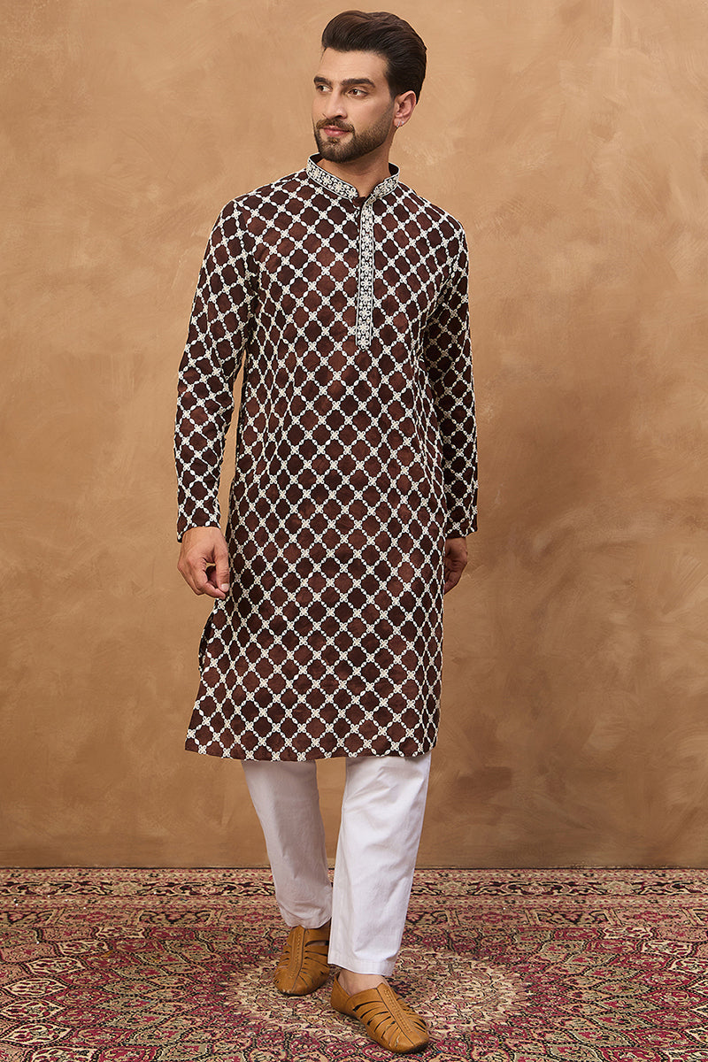 Brown Viscose Rayon Solid Embroidered Straight Kurta With Pant Set MKSET1536