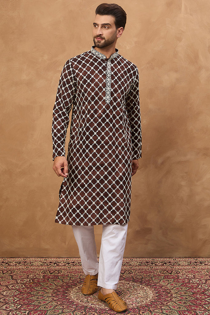 Brown Viscose Rayon Solid Embroidered Straight Kurta With Pant Set MKSET1536