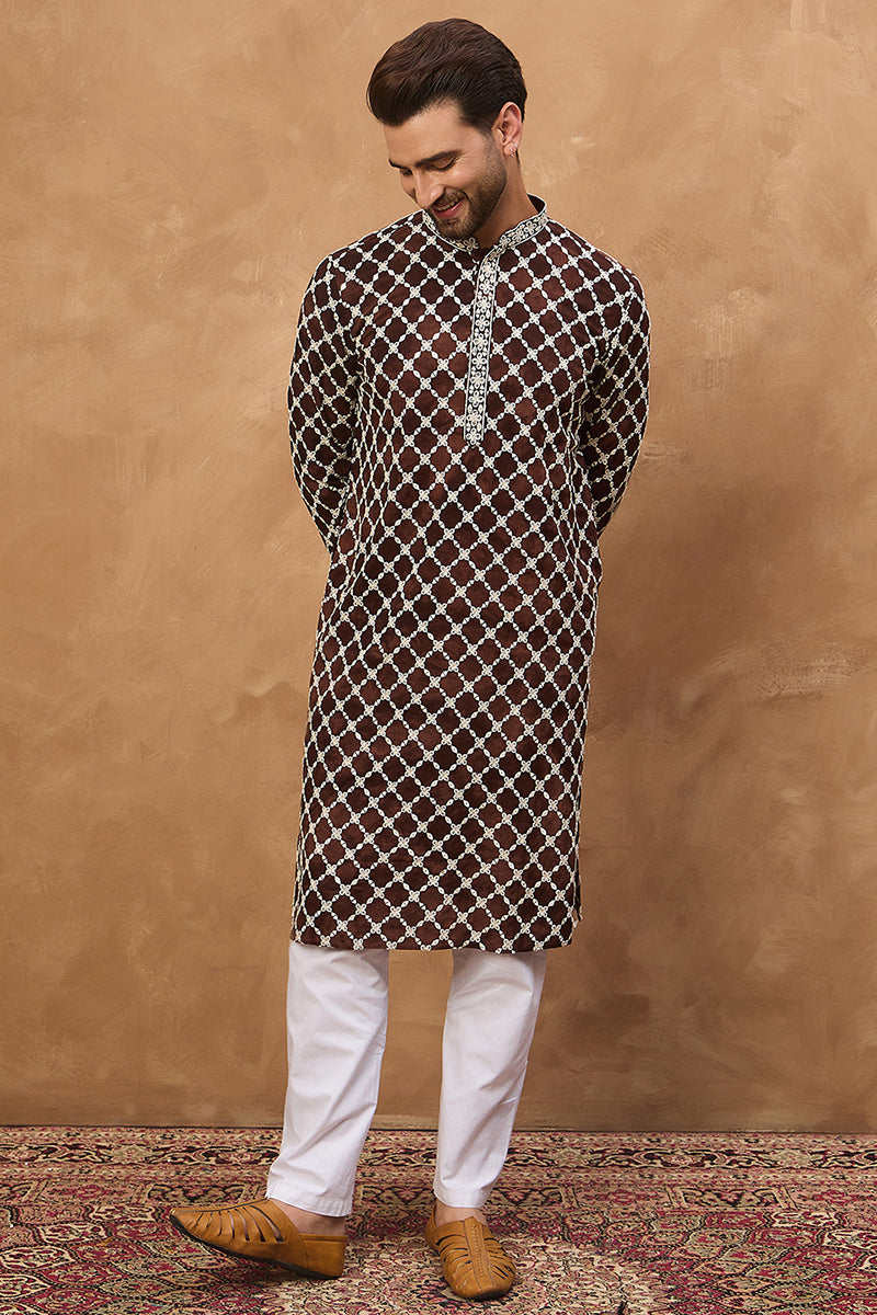 Brown Viscose Rayon Solid Embroidered Straight Kurta With Pant Set MKSET1536
