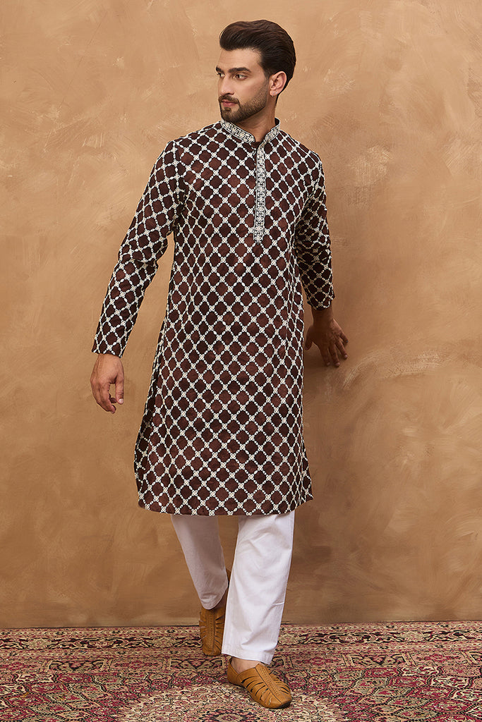 Brown Viscose Rayon Solid Embroidered Straight Kurta With Pant Set MKSET1536