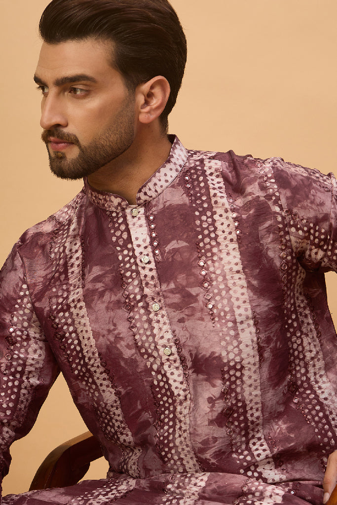 Burgundy Silk Blend Shibori Embroidered Straight Kurta With Pant Set MKSET1537