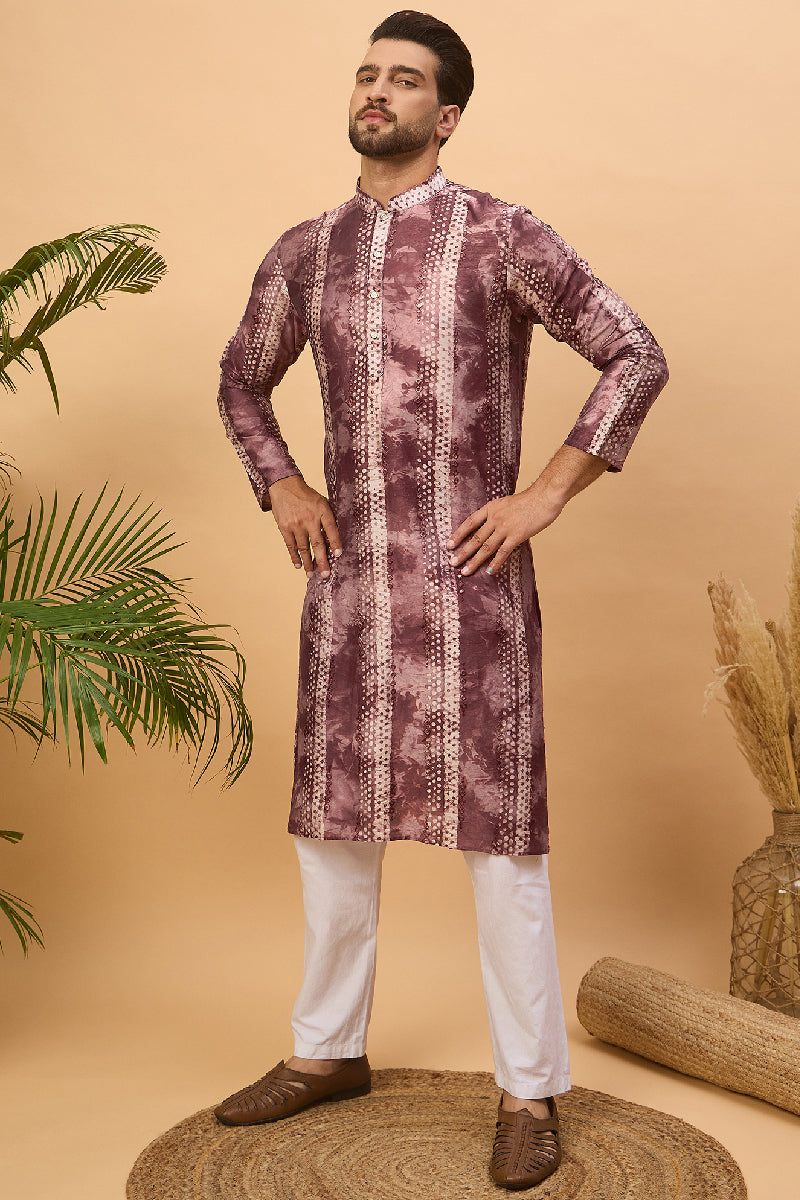 Burgundy Silk Blend Shibori Embroidered Straight Kurta With Pant Set MKSET1537
