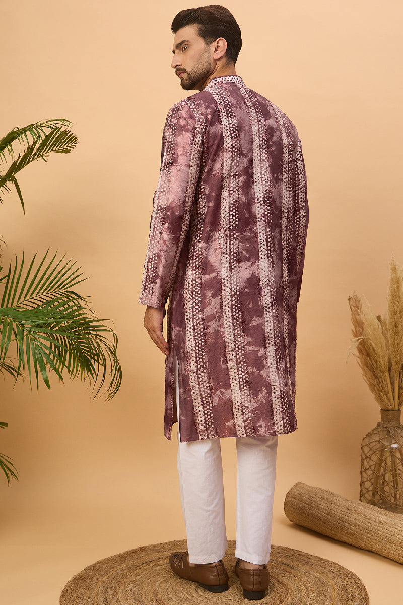 Burgundy Silk Blend Shibori Embroidered Straight Kurta With Pant Set MKSET1537