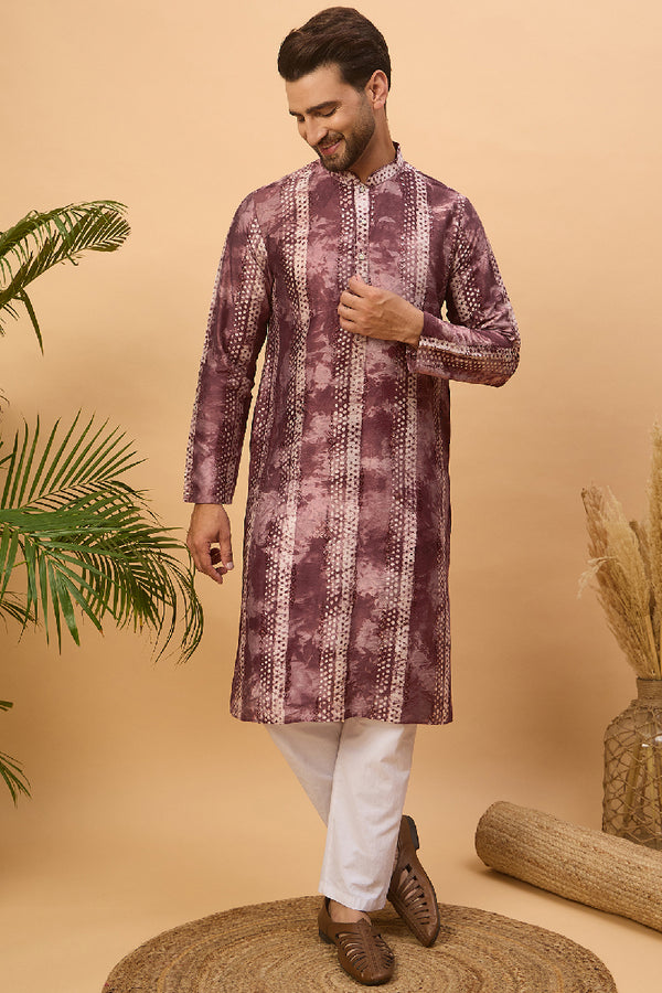 Burgundy Silk Blend Shibori Embroidered Straight Kurta With Pant Set MKSET1537