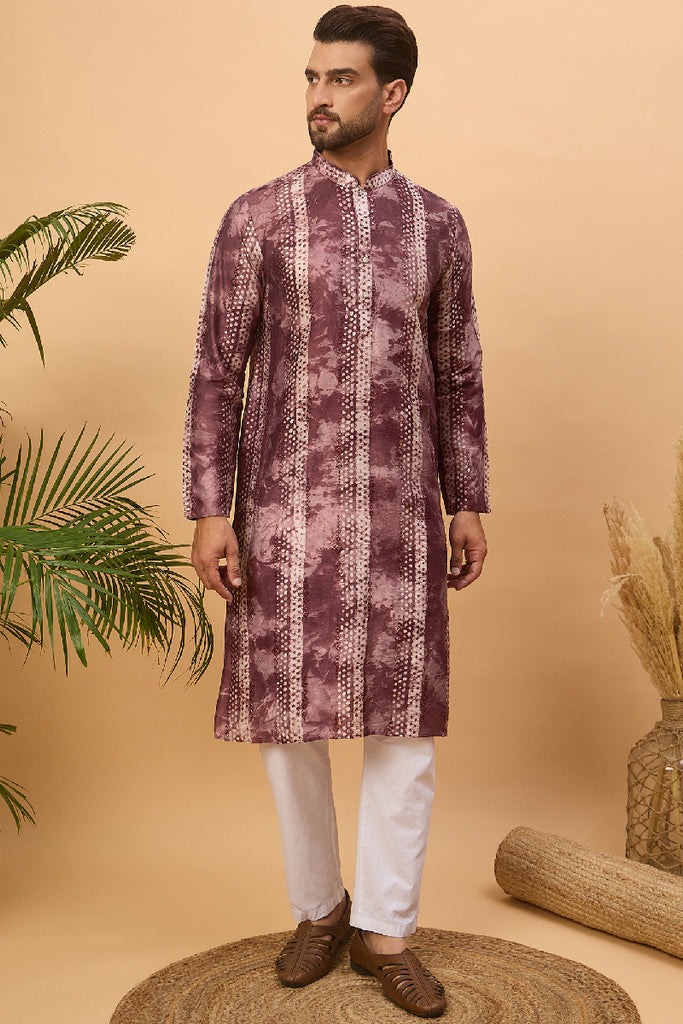Burgundy Silk Blend Shibori Embroidered Straight Kurta With Pant Set MKSET1537