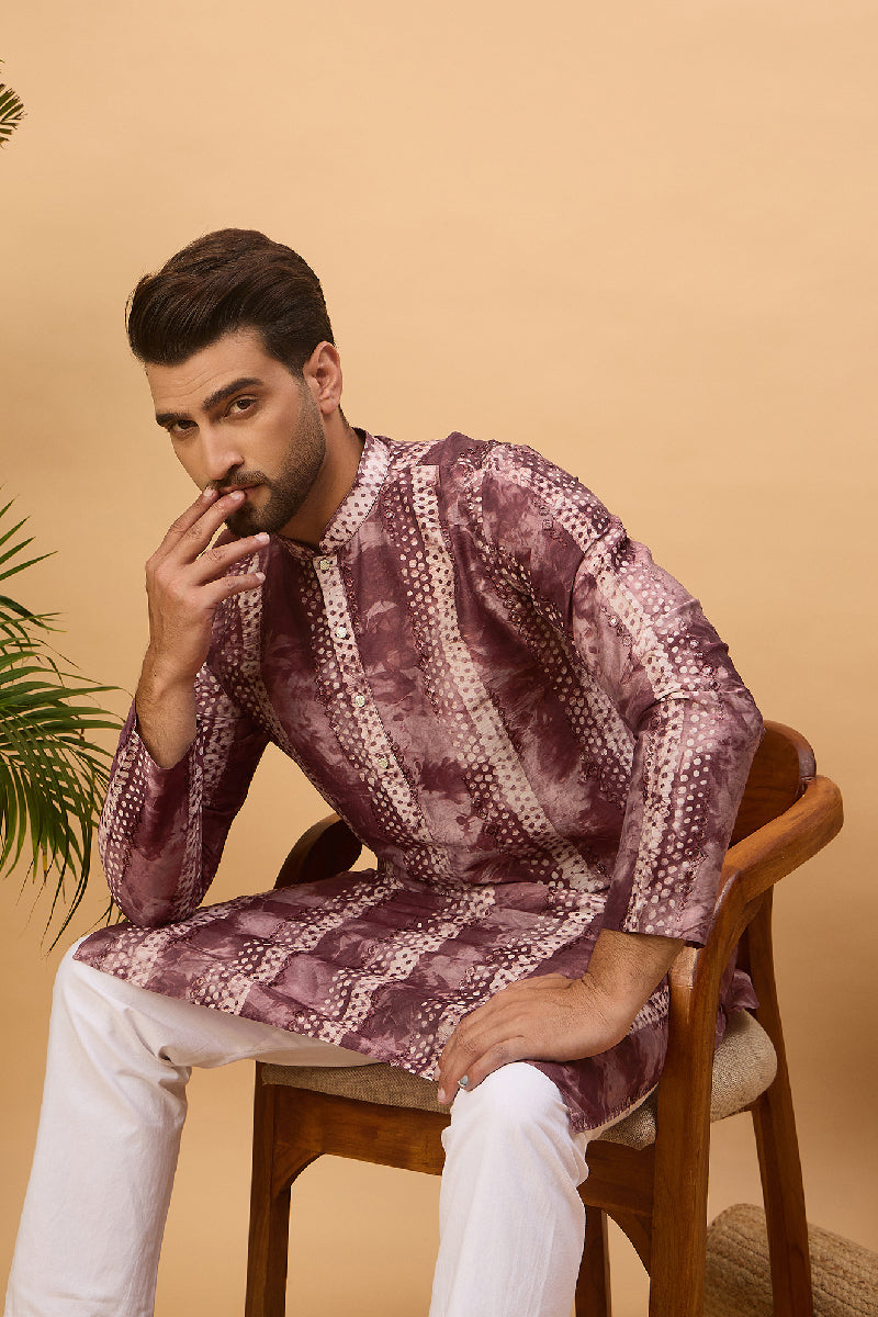 Burgundy Silk Blend Shibori Embroidered Straight Kurta With Pant Set MKSET1537