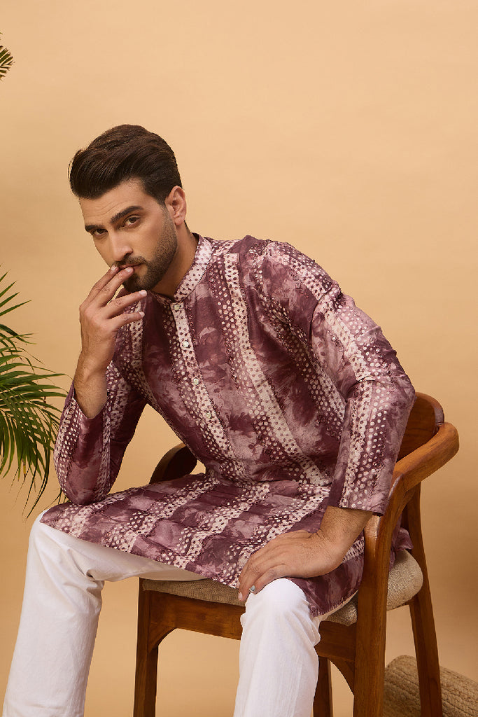Burgundy Silk Blend Shibori Embroidered Straight Kurta With Pant Set MKSET1537